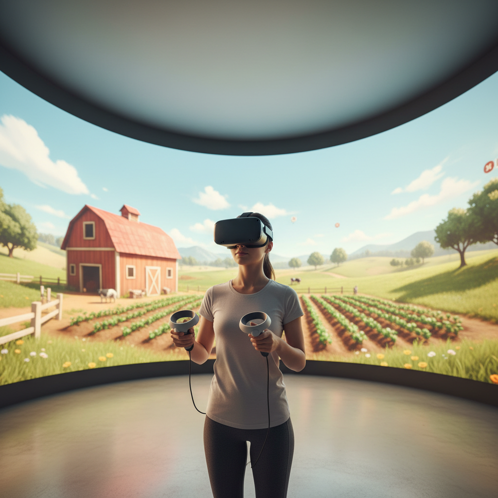 VR player using motion controllers in a bright farm simulation scene