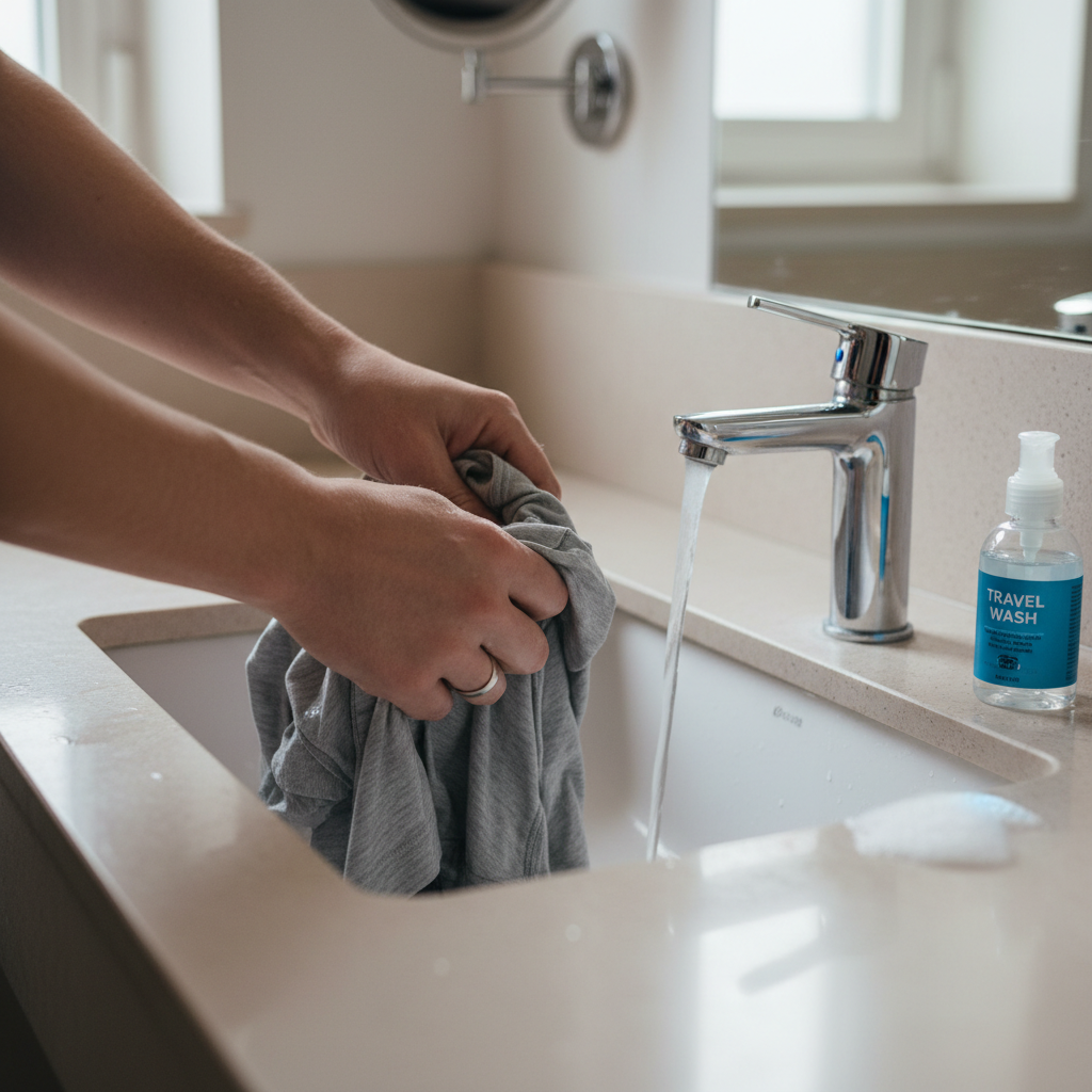 Hand washing travel clothes in a small hotel sink with detergent