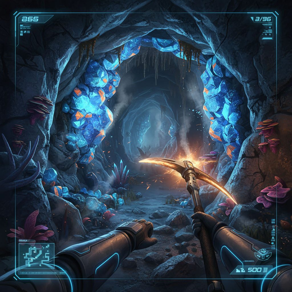 VR player mining ore inside a sci-fi cave with a pickaxe and HUD