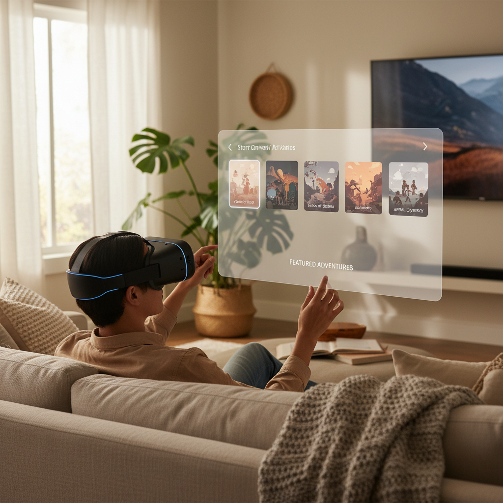 Player using a VR headset choosing story-driven games on a living room TV menu