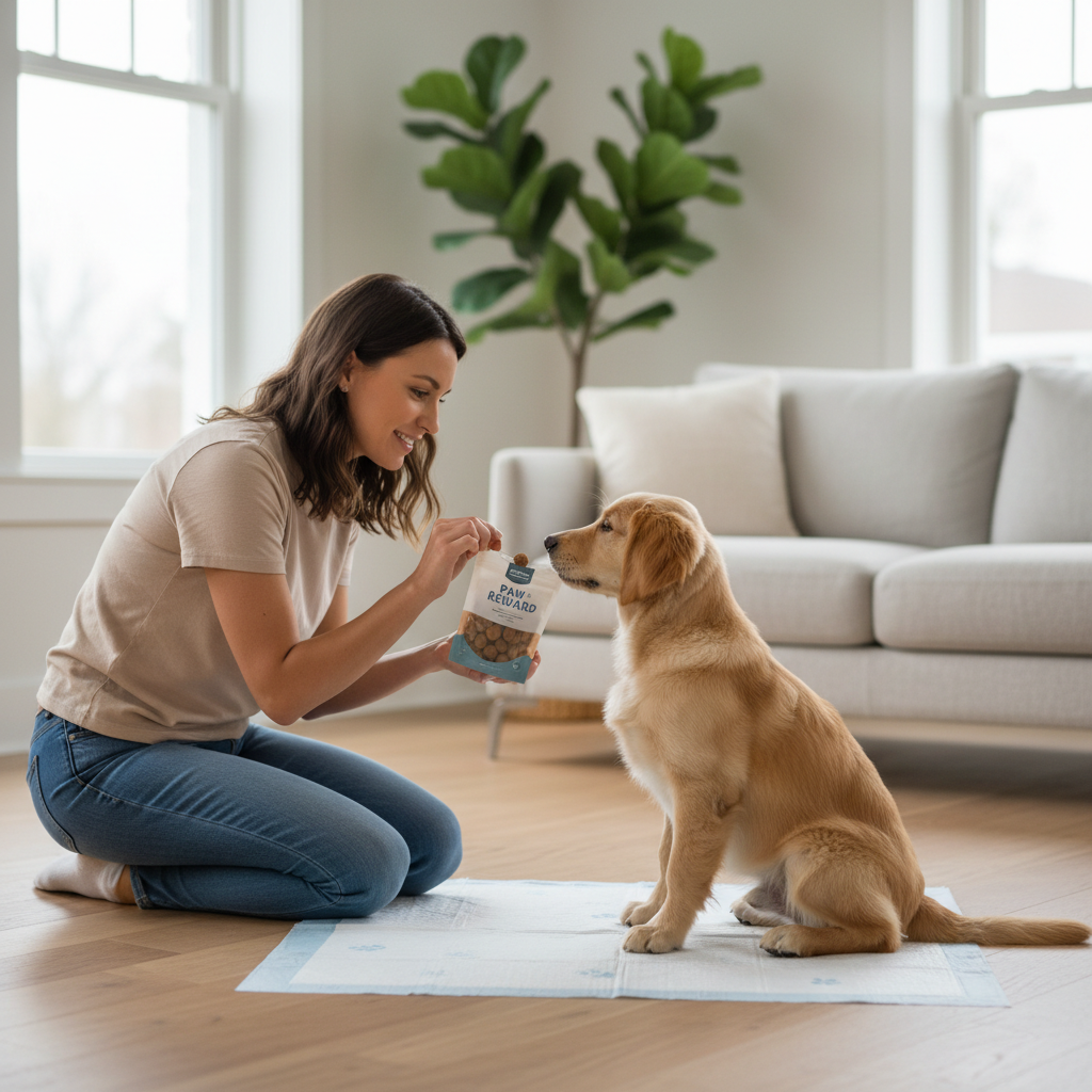 Owner rewarding a puppy after using a puppy pad during potty training
