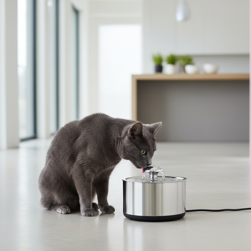 Cat drinking from a modern stainless steel pet water fountain in a bright kitchen