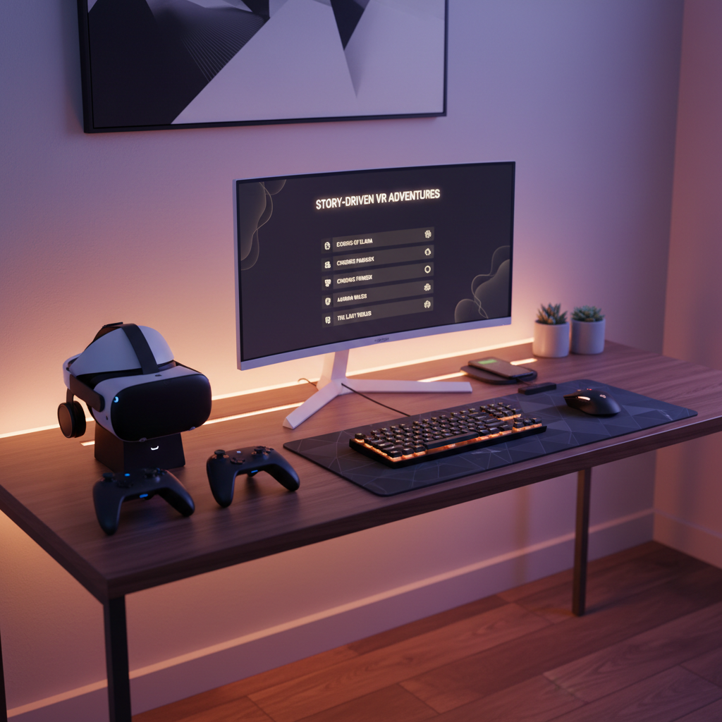 Curated VR story-driven games shortlist displayed on a modern gaming desk