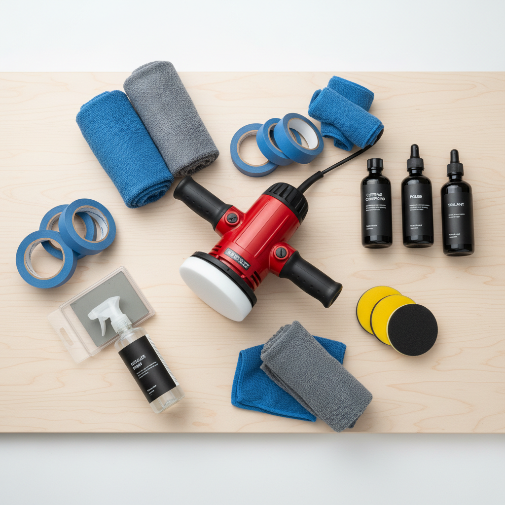Car paint scratch repair tools arranged on a clean workbench