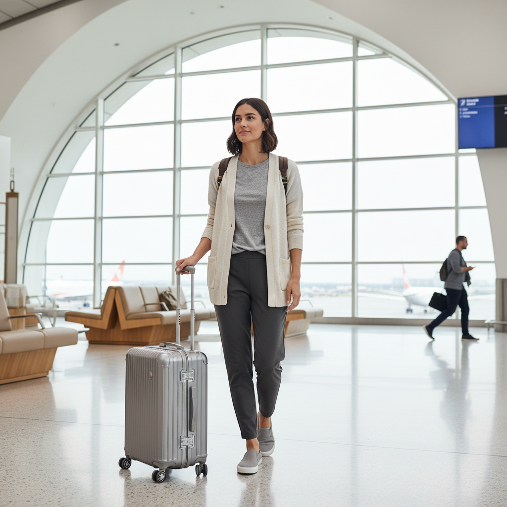 Comfortable airport outfit with layers and slip-on shoes