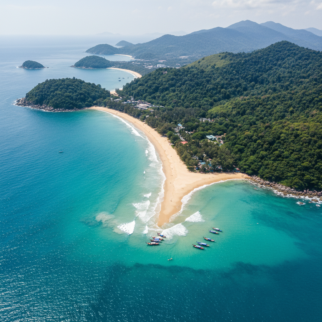 Aerial view of Phuket coastline with turquoise water and beaches