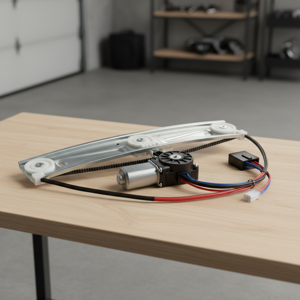 Replacement power window regulator and motor assembly on a workbench