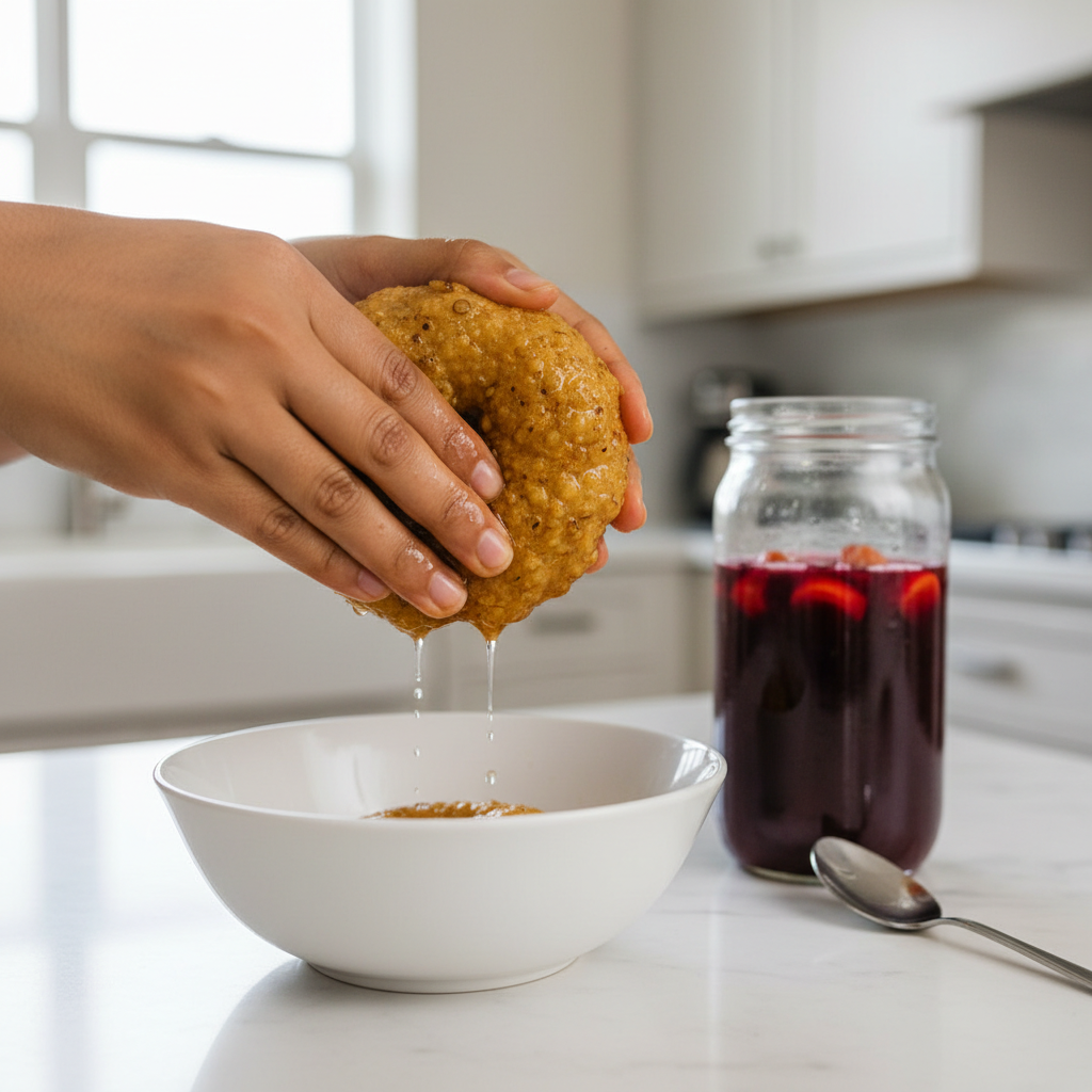Squeezing soaked vadas before adding to fermented kanji in a glass jar for better texture