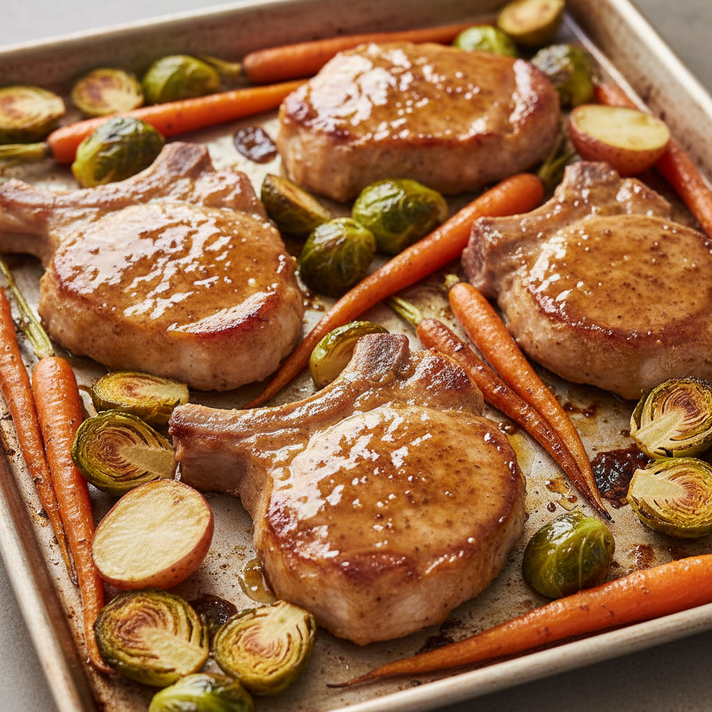 Oven baked pork chops with Dijon maple glaze and roasted vegetables on sheet pan