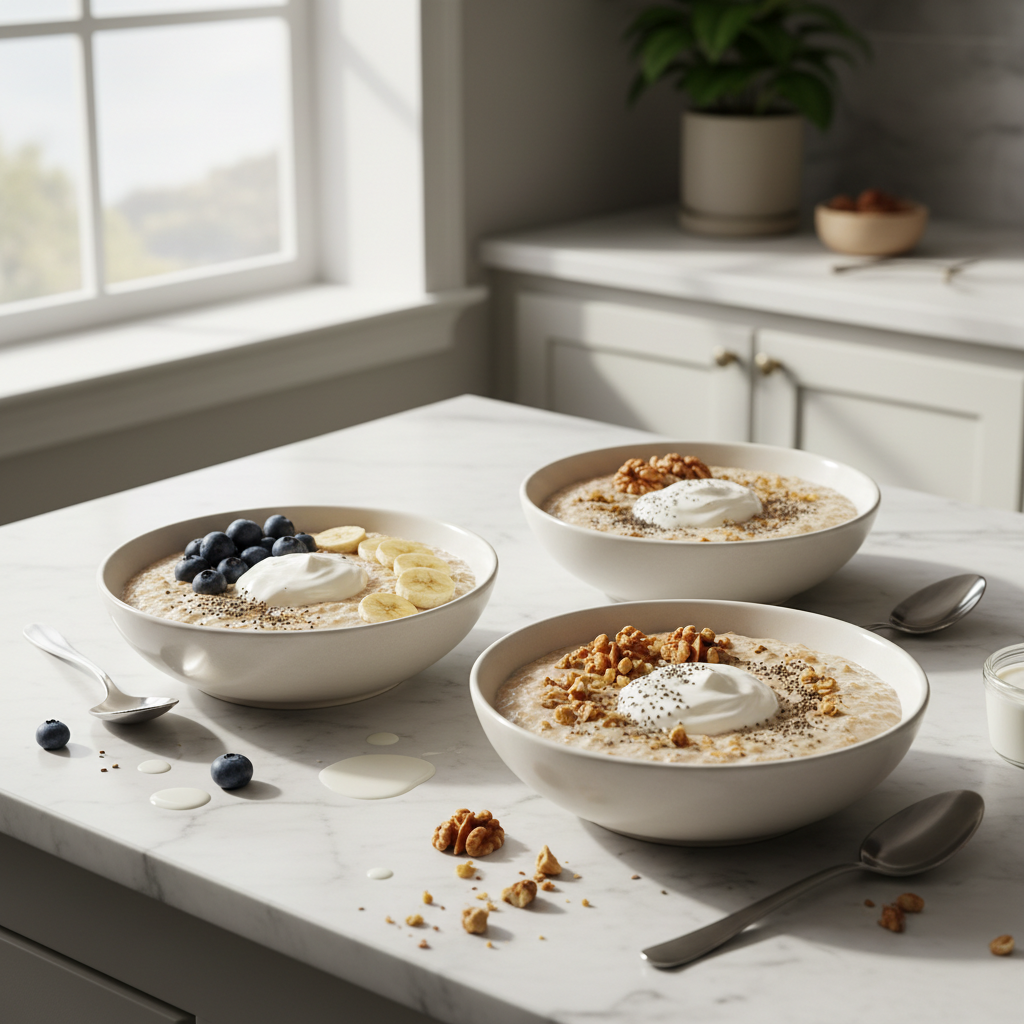 Healthy oatmeal breakfast bowls with fruit, nuts, and yogurt on a bright kitchen counter