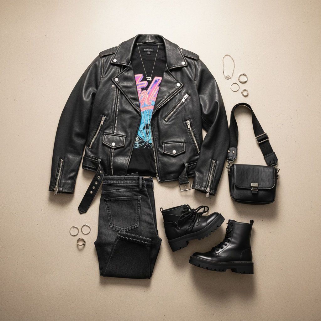 Trendy concert outfit flat lay with statement jacket, boots, and crossbody bag