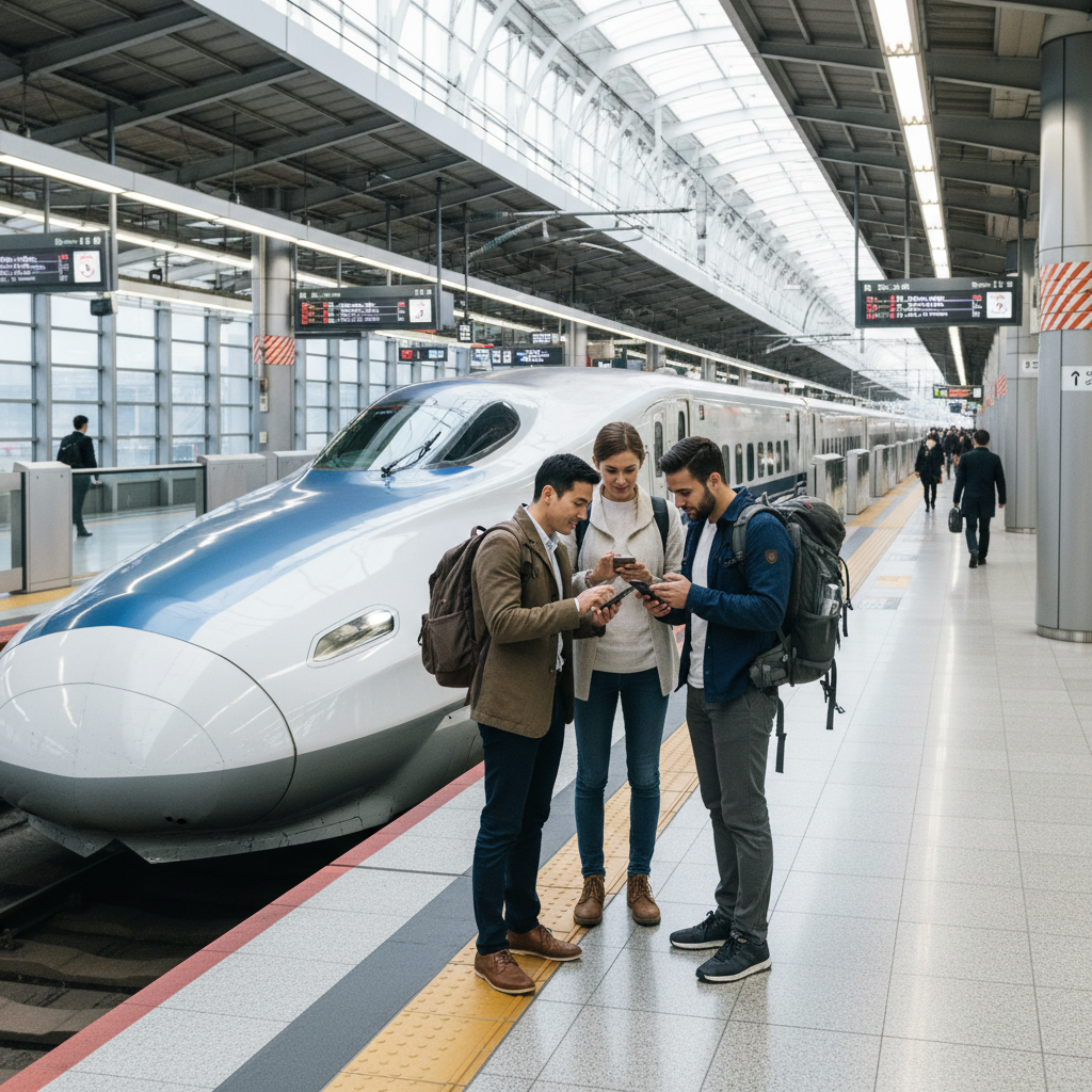Japanese train station platform with Shinkansen and travelers