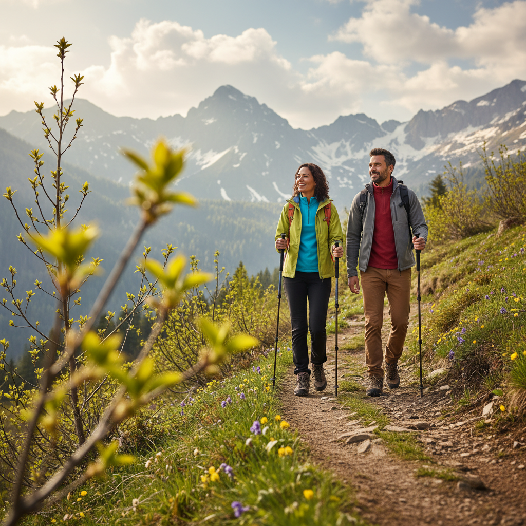 Couple hiking in early spring with layered clothing and changing weather