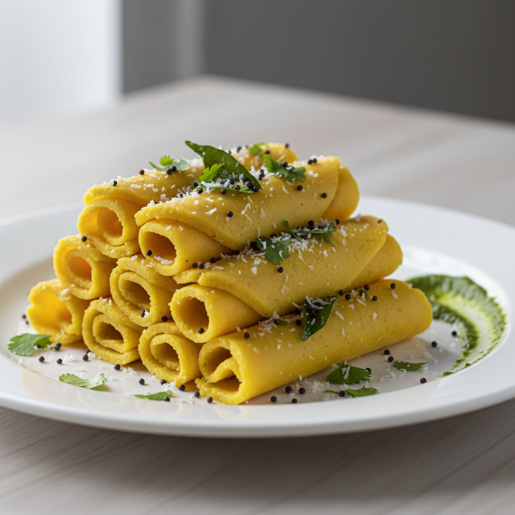 Gujarati khandvi rolls topped with mustard seeds and cilantro