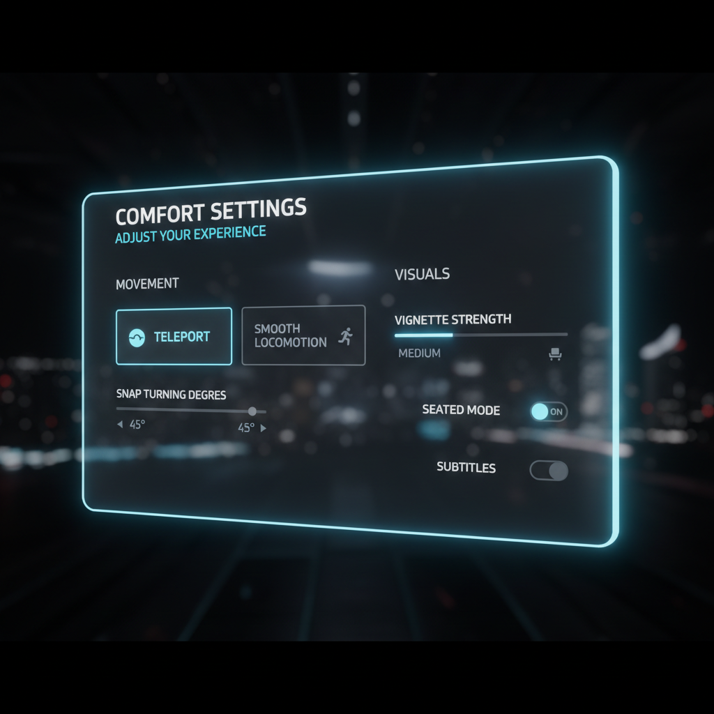 VR comfort settings menu showing teleport, smooth locomotion, vignette, and snap turning options