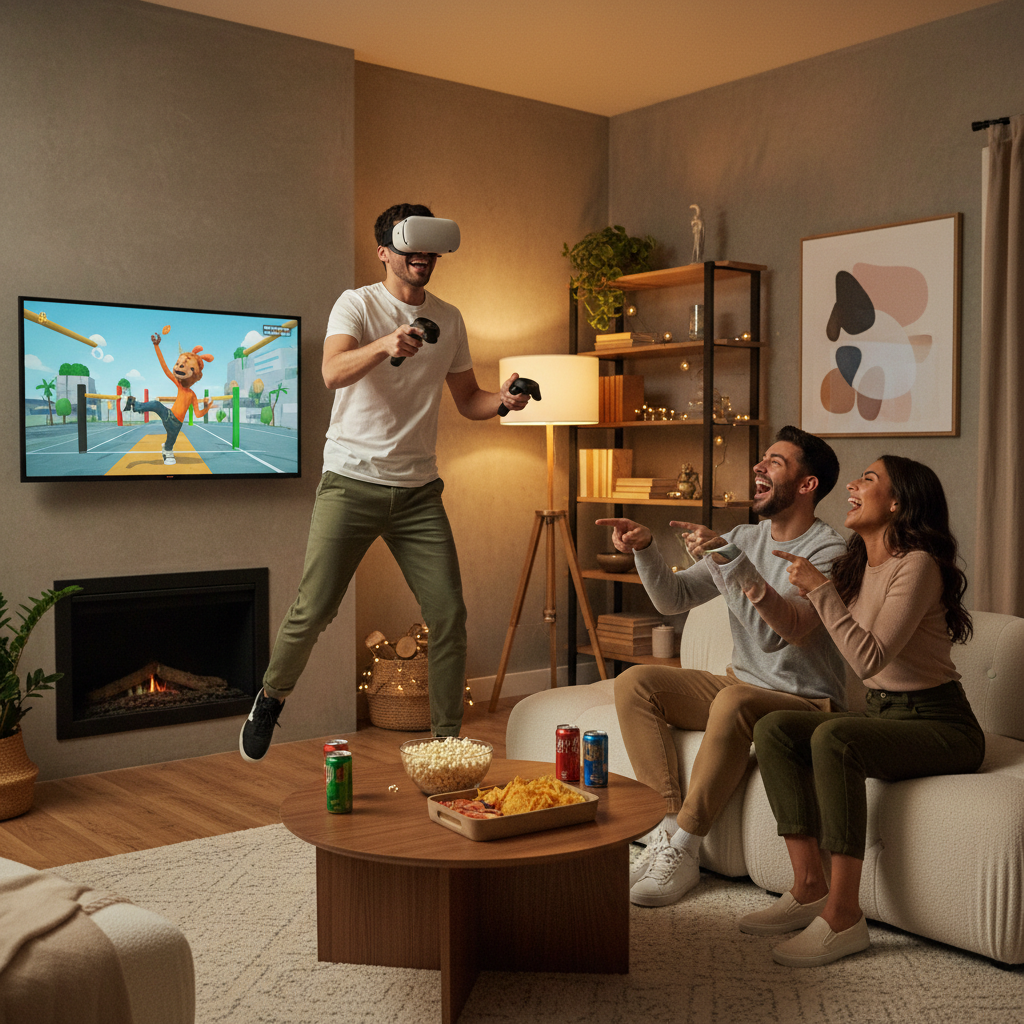Friends playing a social VR game together with one person in a headset and others watching