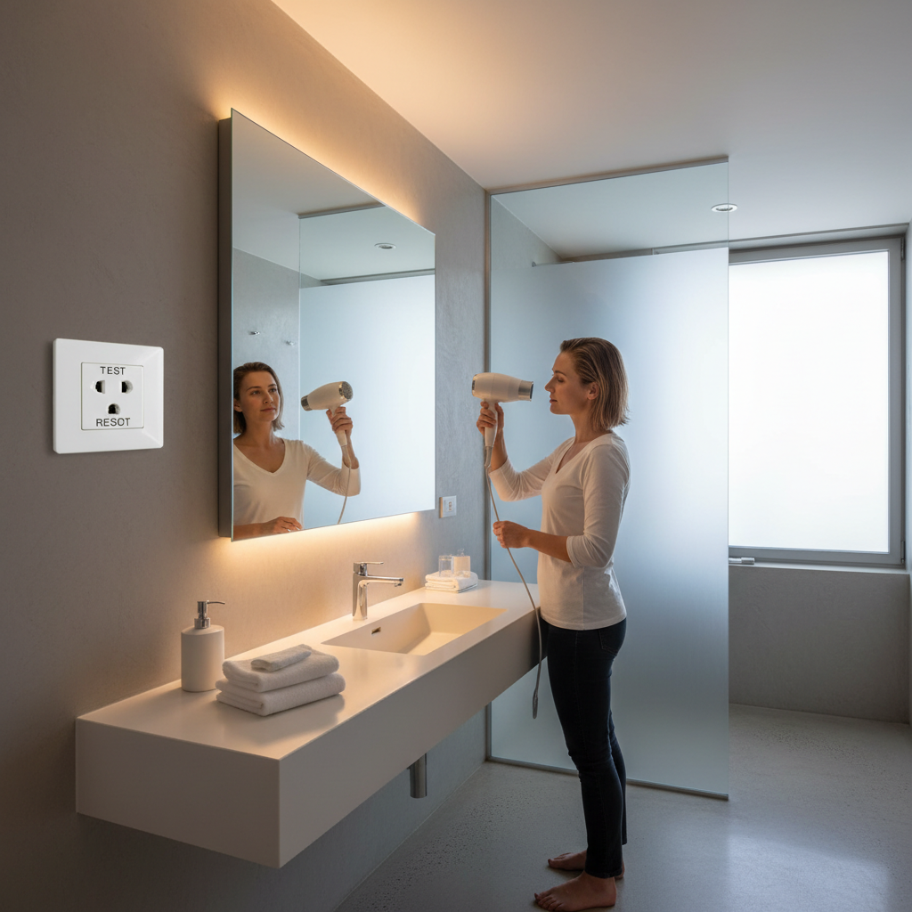 Hotel room hair dryer used safely away from sink with GFCI outlet nearby