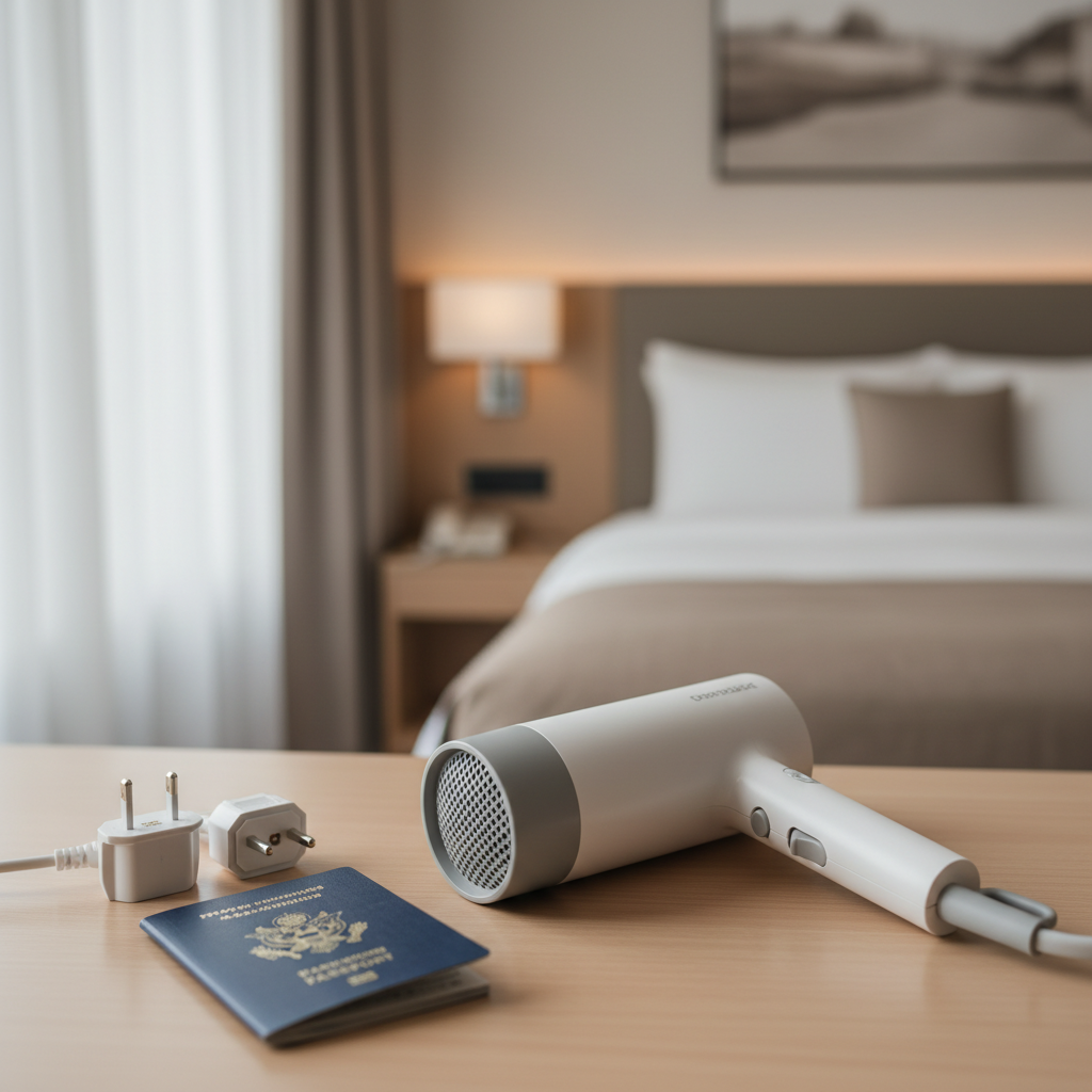 Dual voltage travel hair dryer with EU and UK plug adapters on a hotel desk