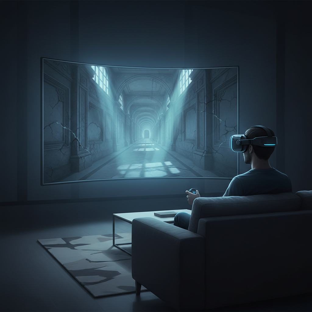 Player in a VR headset facing an eerie hallway, psychological horror mood