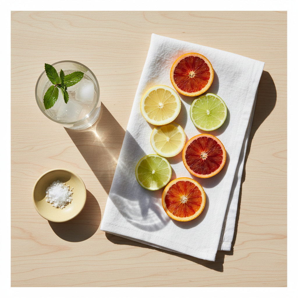 Summer table color palette with linen, citrus accents, and clear glassware