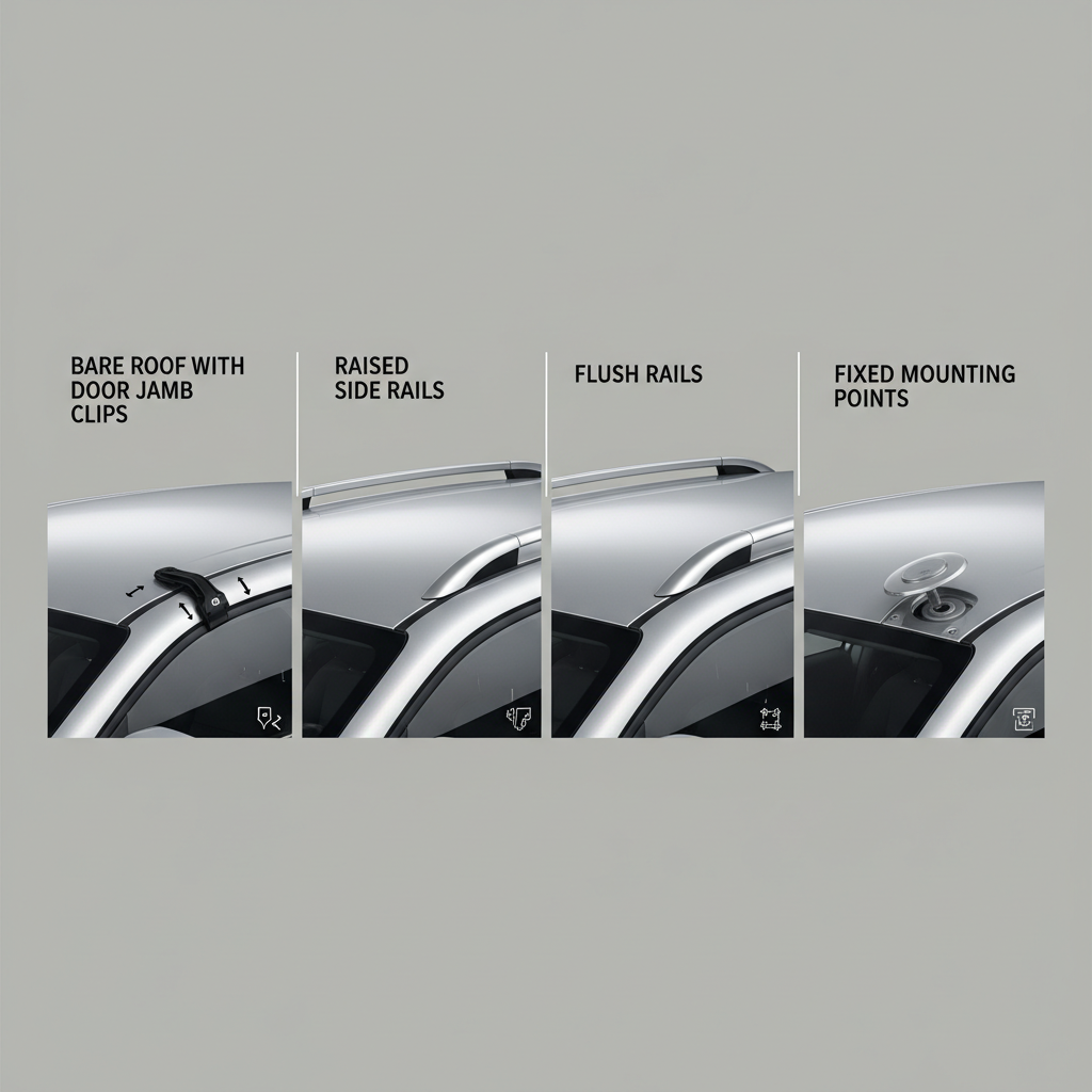 Different car roof types for roof rack installation: bare roof, raised rails, flush rails, fixed points