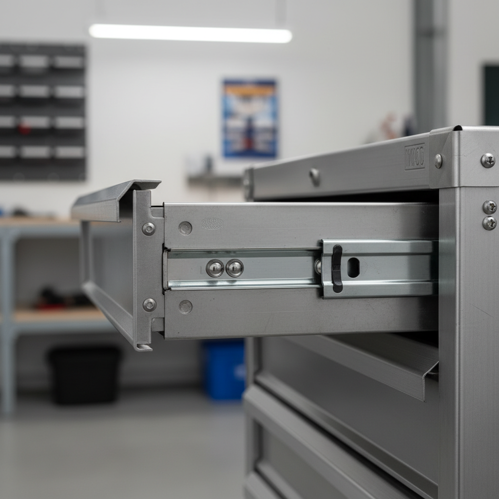 Close-up of tool chest drawer slides and steel construction details
