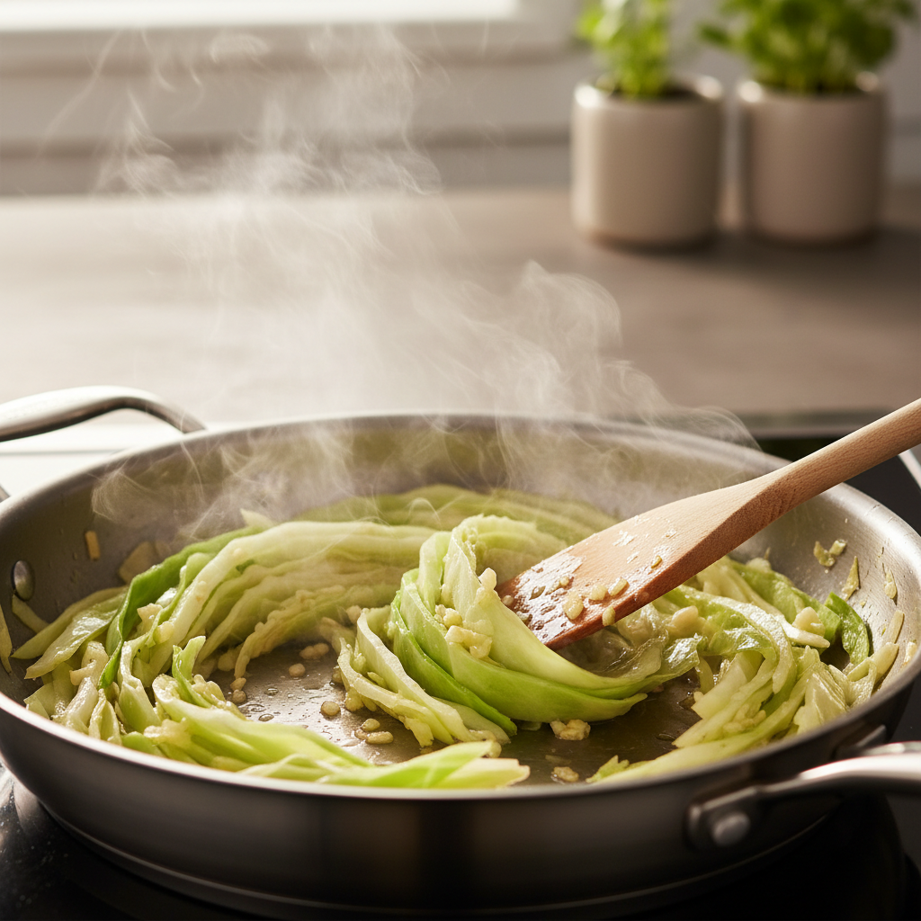 Sliced cabbage being sautéed in a hot skillet with garlic