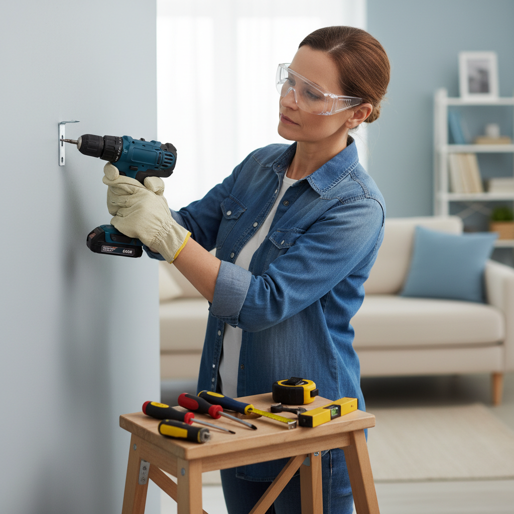Using safety glasses while drilling at home with basic tools
