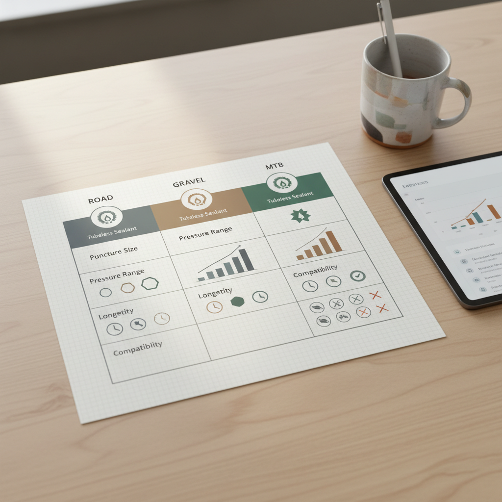 Comparison table concept for choosing tubeless sealant by road gravel and mountain bike riding