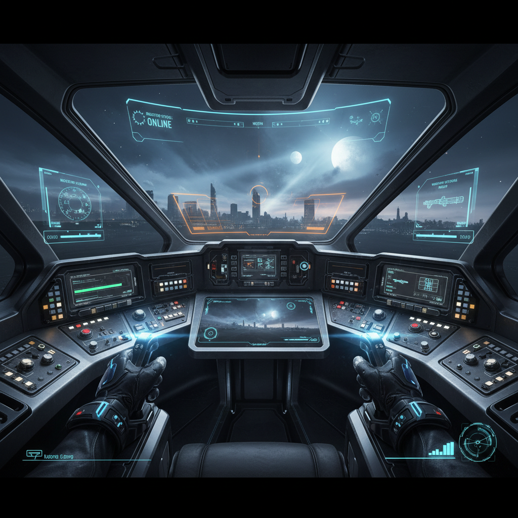 VR mech cockpit view with hands on virtual controls