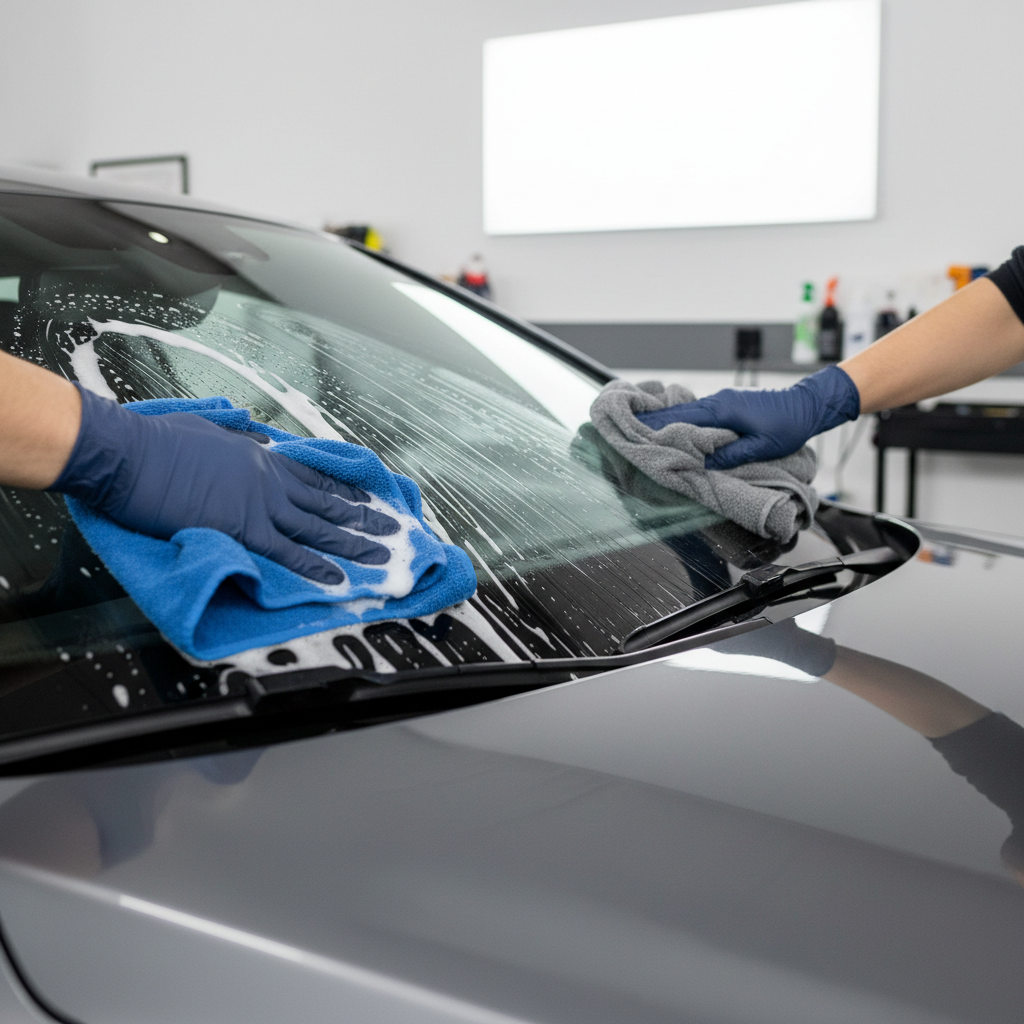 Two-towel method cleaning car windshield with microfiber towels