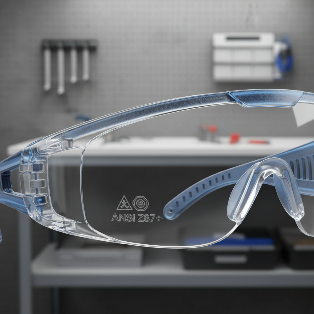 Close-up of ANSI Z87+ marking on safety glasses lens and wraparound frame
