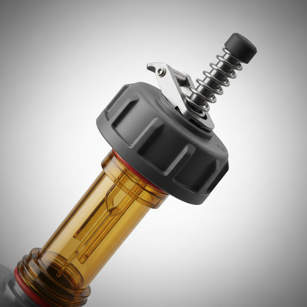 Close-up of a gasoline can spout and cap designed to prevent leaks during pouring