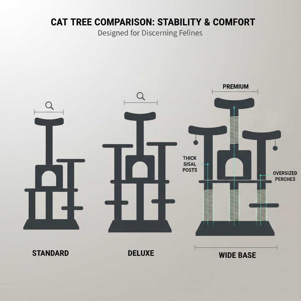Comparison of cat tree base width, post thickness, and perch size