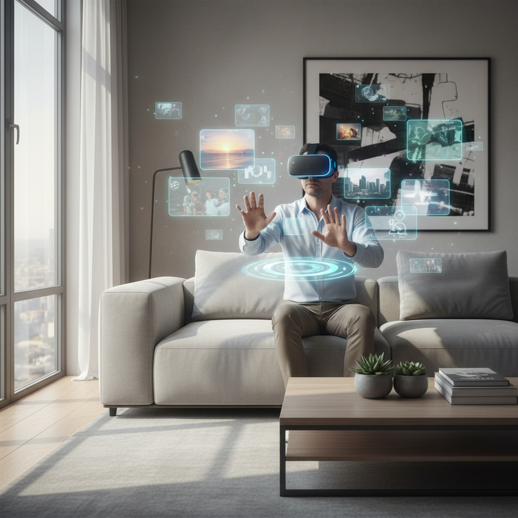 Player using a VR headset while solving a memory puzzle in a living room setup