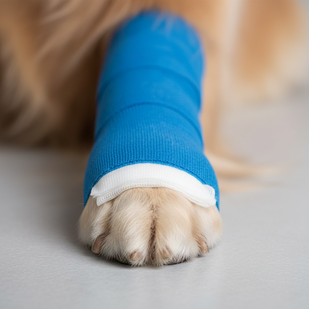Vet wrap and non-stick pads used to protect a dog paw bandage