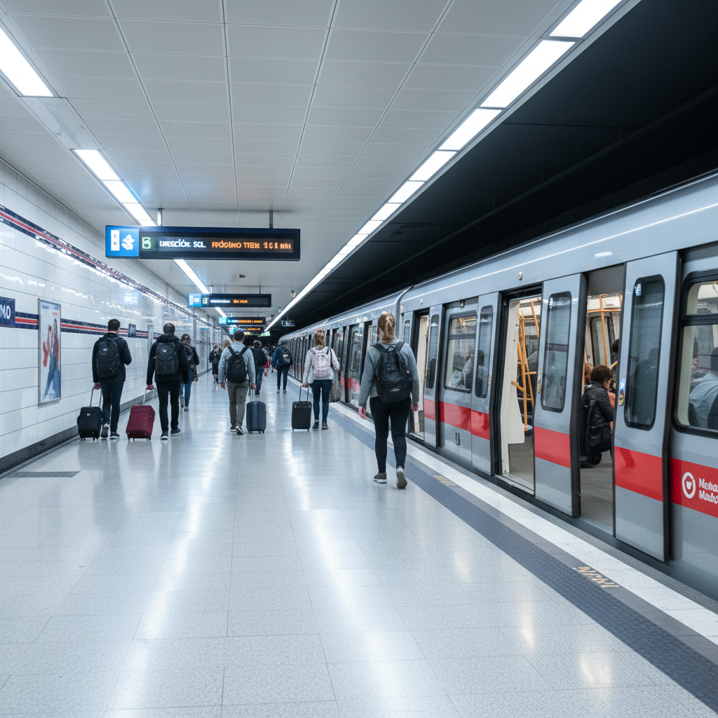 Madrid metro station platform with clear signage and travelers