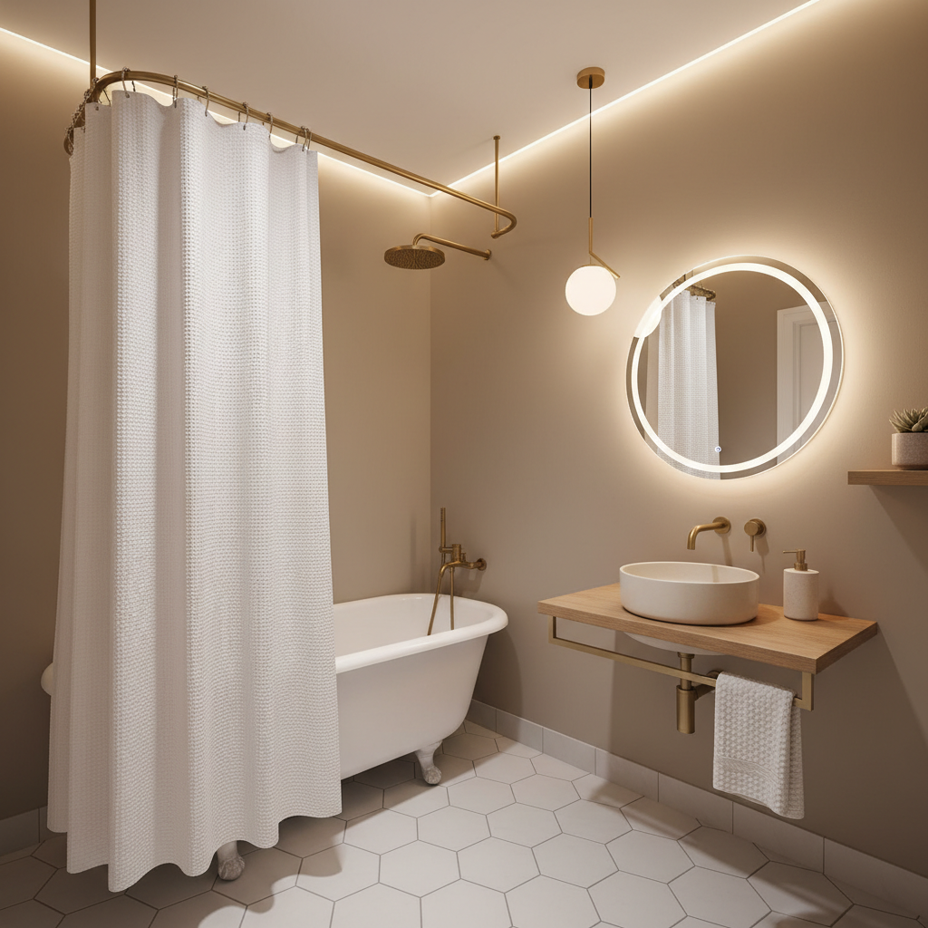 Small bathroom styled with white waffle weave fabric shower curtain and simple rings