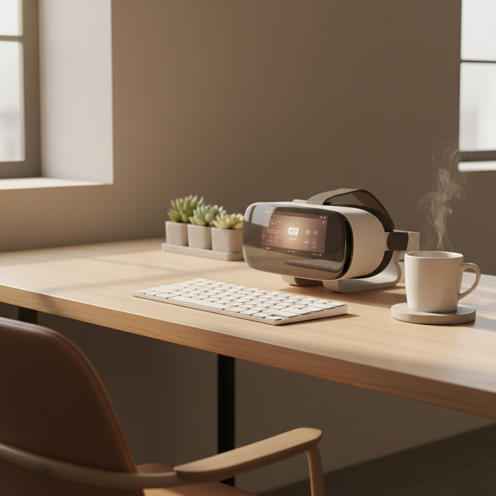 Bluetooth keyboard paired with a VR headset for comfortable typing in a virtual browser
