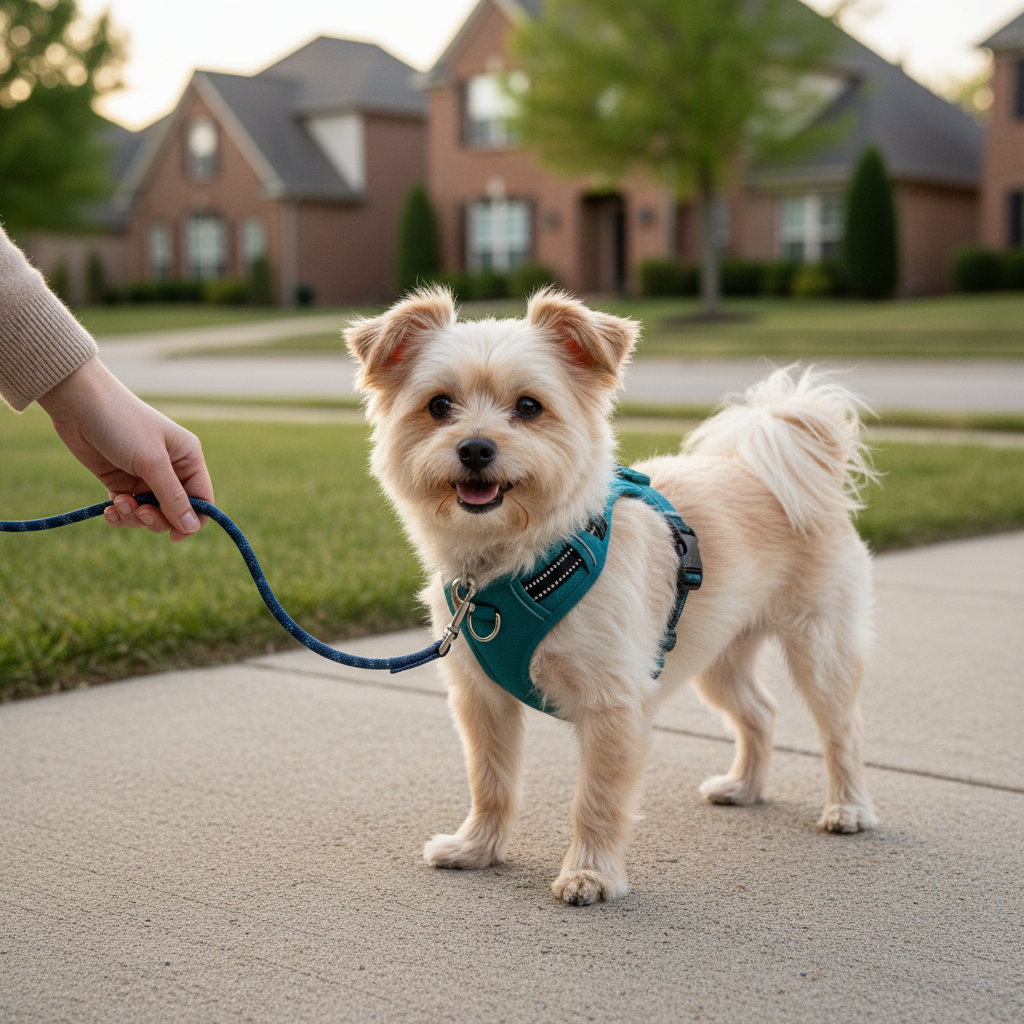 Small dog wearing a harness instead of a collar to reduce coughing triggers