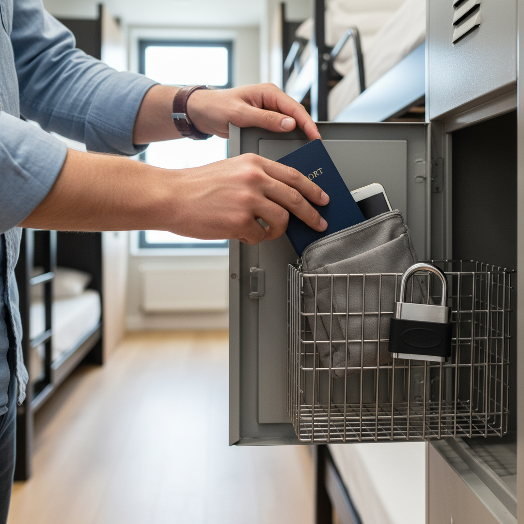 Solo traveler using a hostel locker and organizing valuables safely