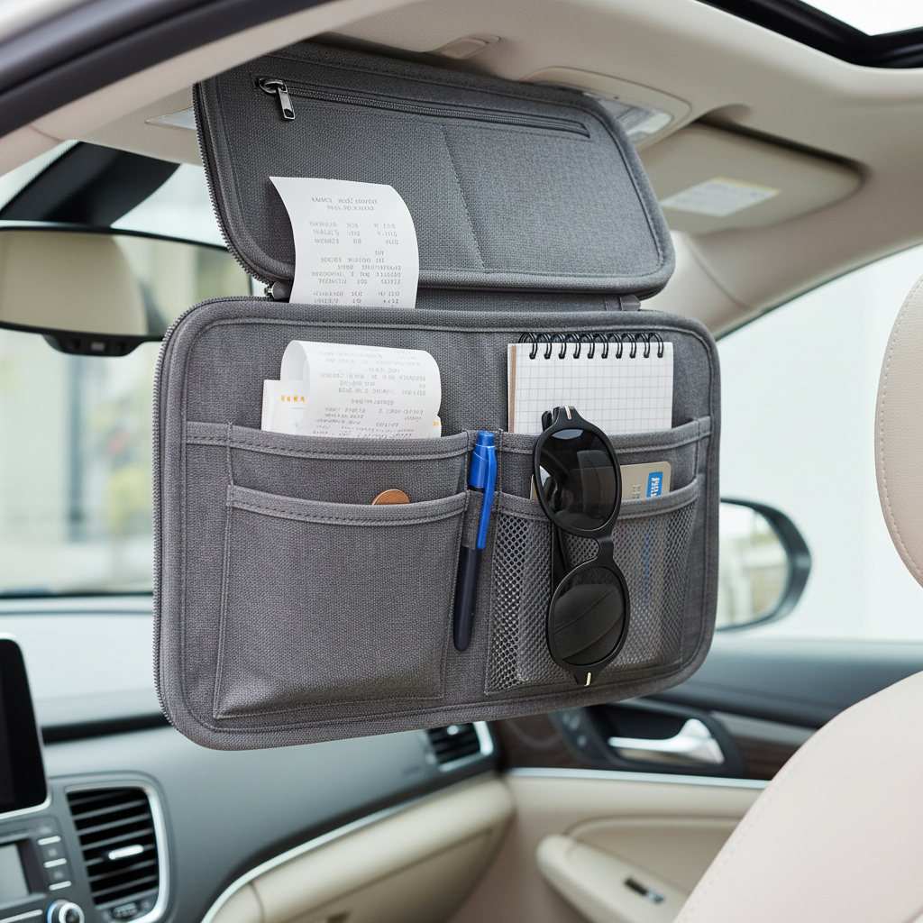 Zippered sun visor organizer with compartments for receipts and small items