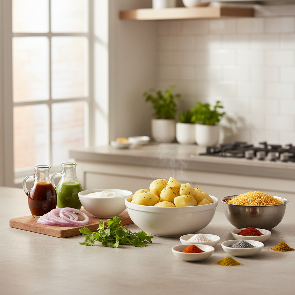 Easy potato aloo chaat ingredients on a kitchen counter