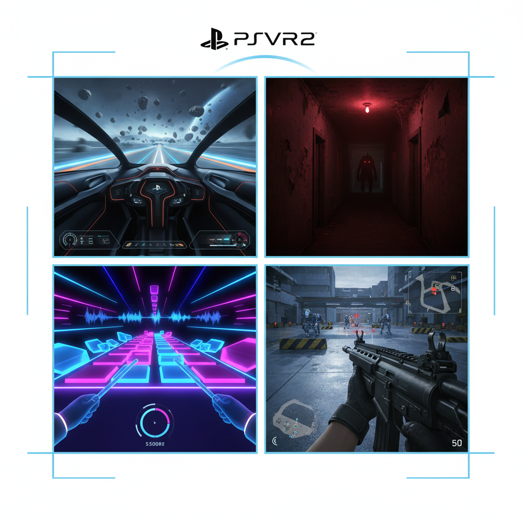 Split-screen style comparison of PSVR 2 game genres like racing, horror, rhythm, and shooters