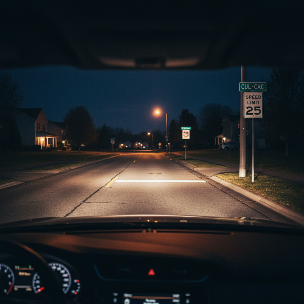 Night driving view showing properly aimed low beam cutoff lighting the road without glare