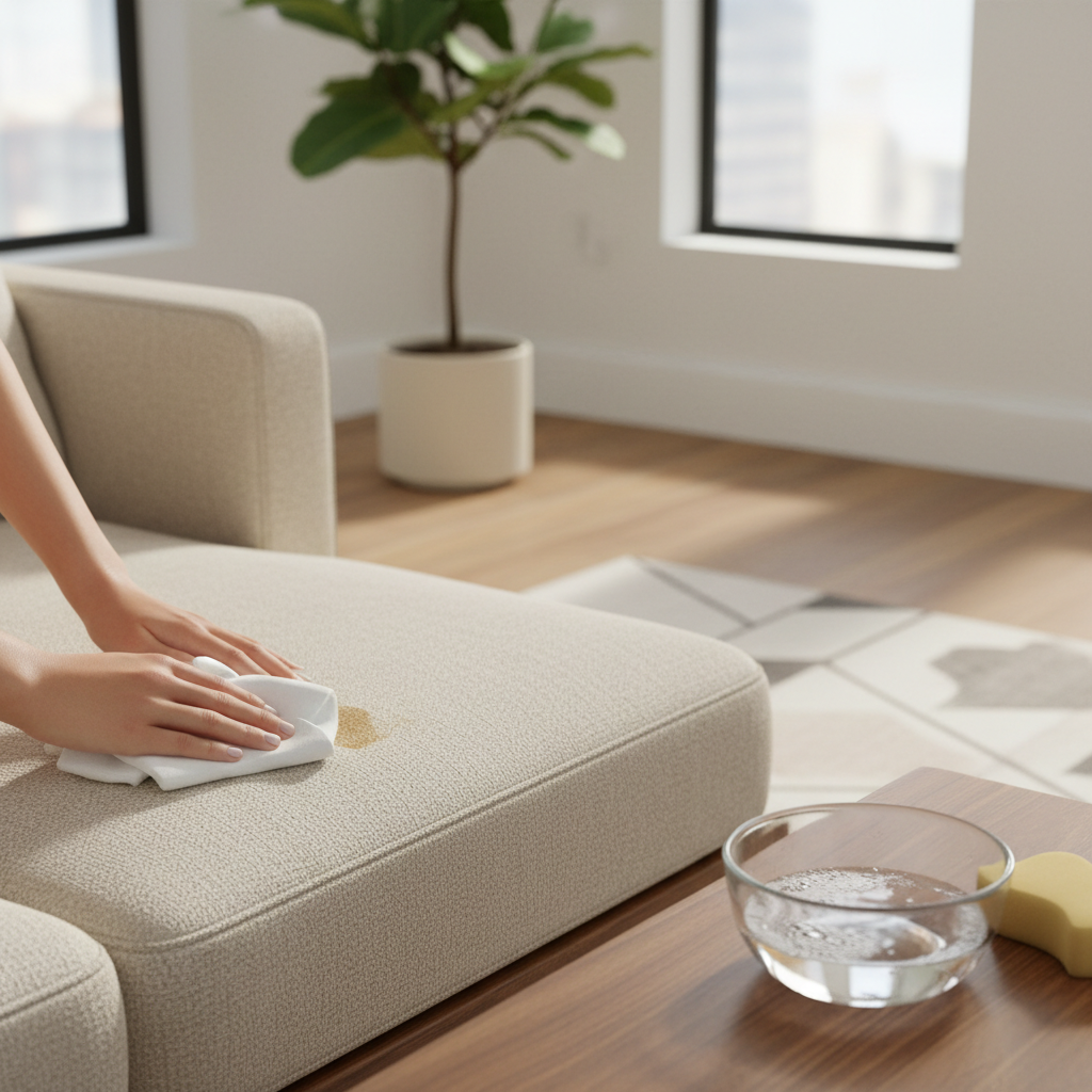 Blotting a stain on couch cushion with microfiber cloth during home cleaning