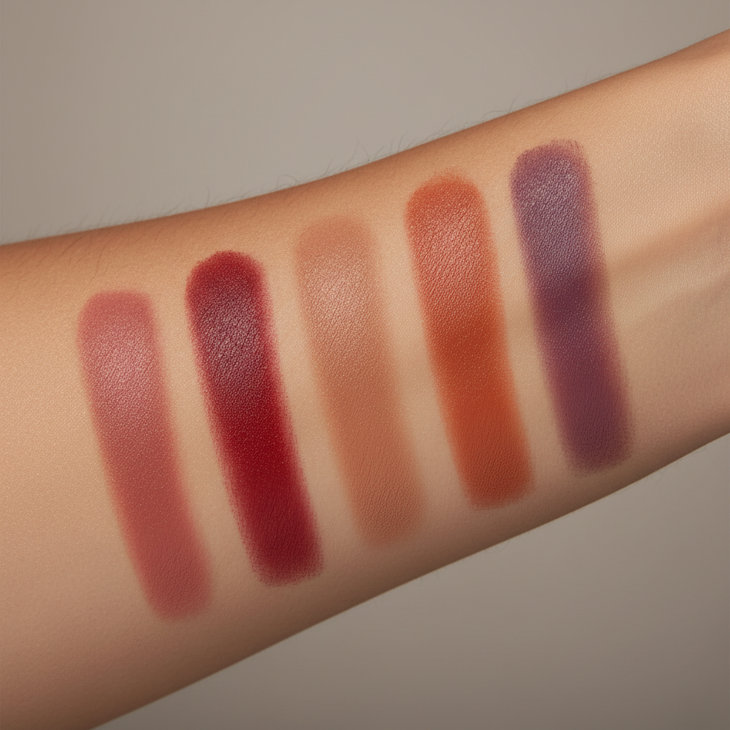 Matte lipstick swatches on moisturized skin for dry lips