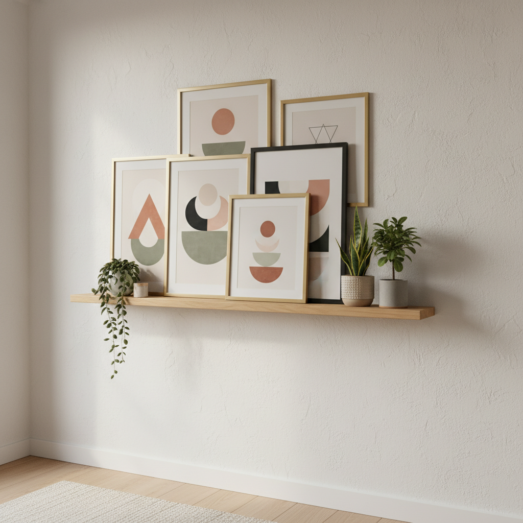 Picture ledge shelf styling on a narrow wall with frames and small plants