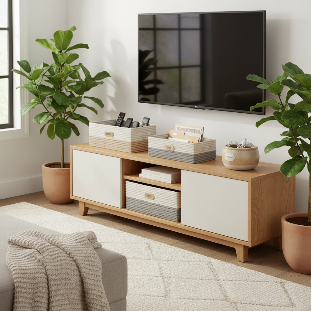 Living room console with decorative storage boxes organizing remotes, mail, and chargers
