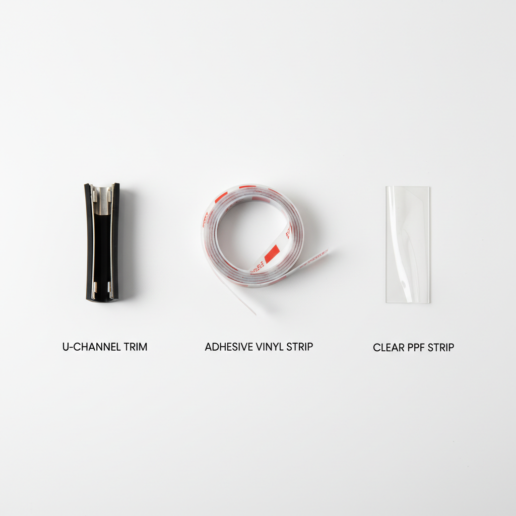 Comparison of door edge guard types including U-channel, vinyl tape, and clear PPF strips